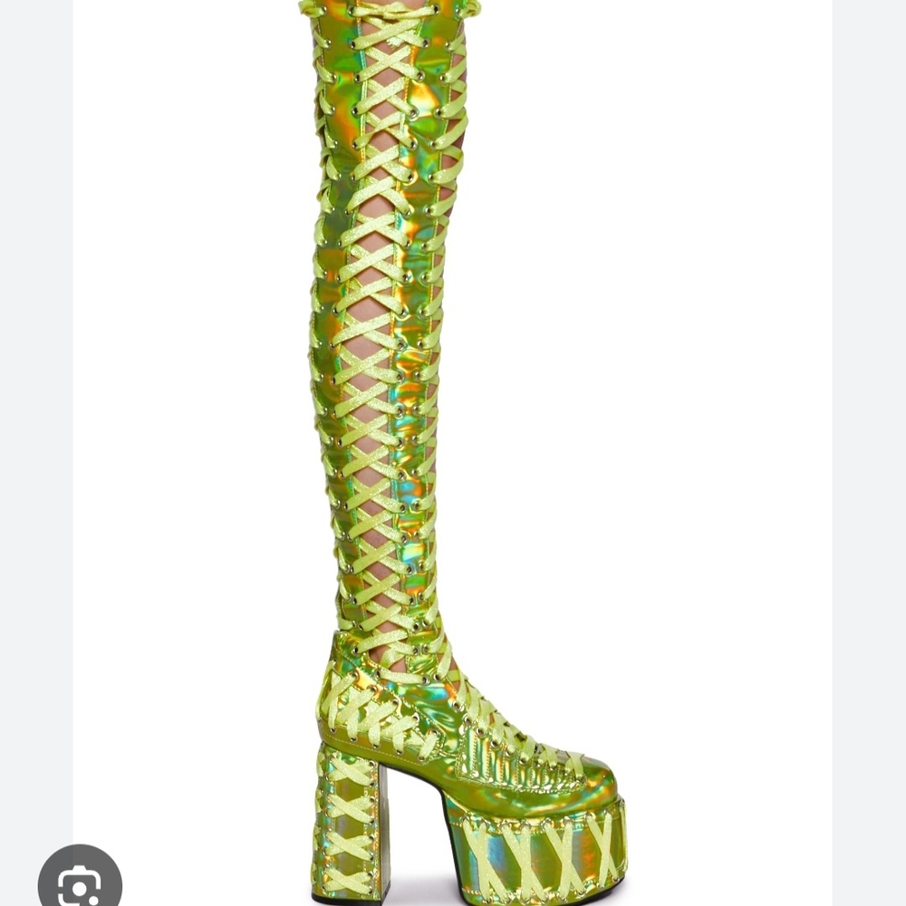 Dolls Kill Iridescent Green Lace-Up Platforms